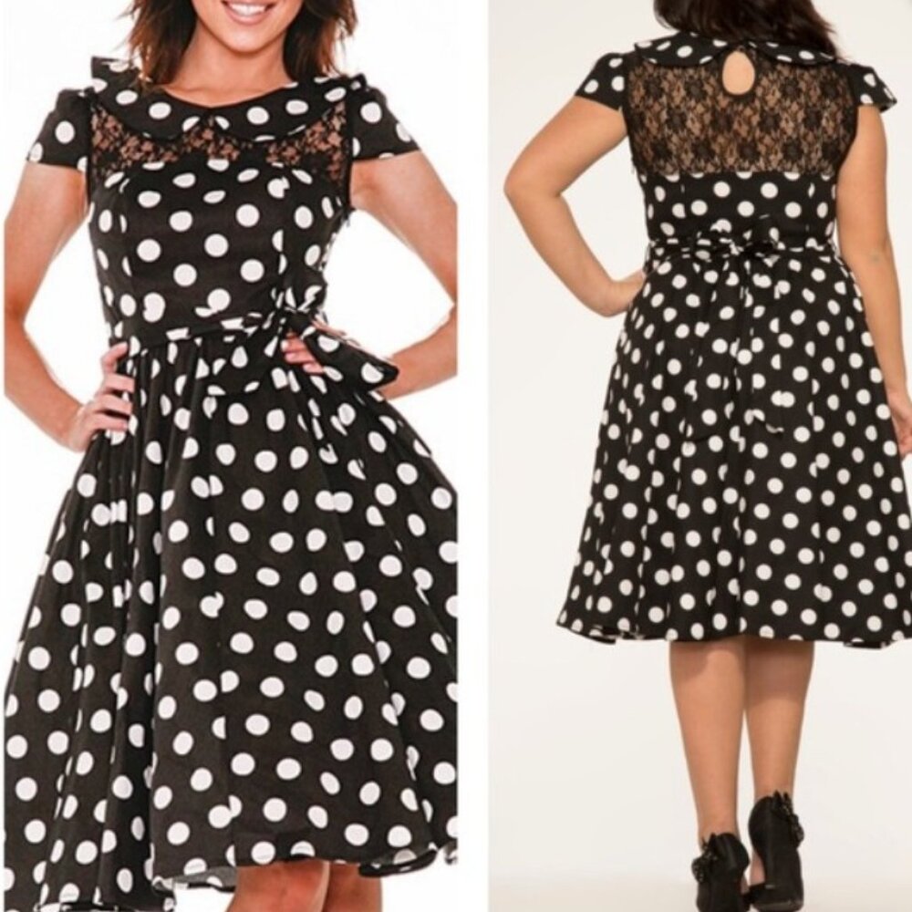 Hearts & Roses London Black White Polka Dot Lace Cap Sleeve Swing Dress EUC 14